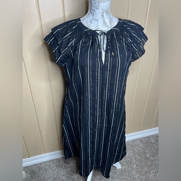 Ann Taylor Size 10 dress black w/metallic gold stripe Lightweight Boho - Picture 1 of 3